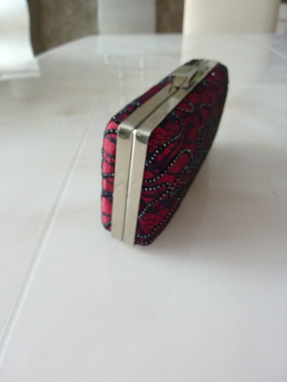 LULU TOWNSEND Red Satin Black Lace Hard Case handbag purse clutch Silver Chain - Picture 3 of 15